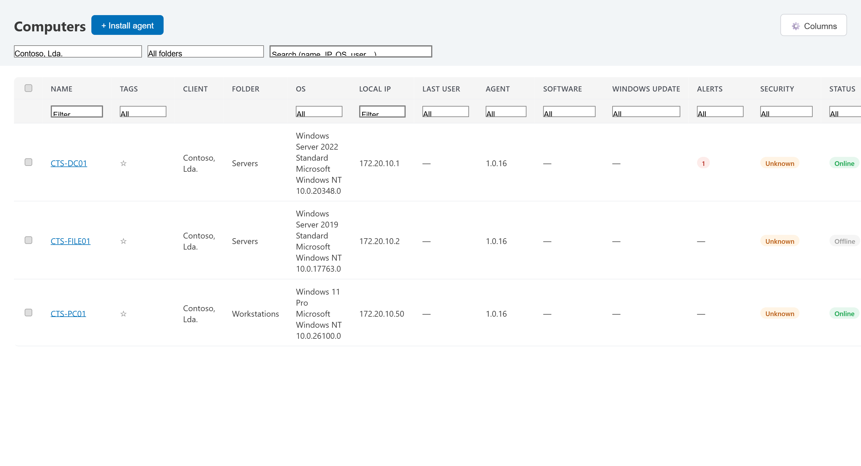 Computers list filtered by client, showing OS, IP, agent version, security and online status for each machine