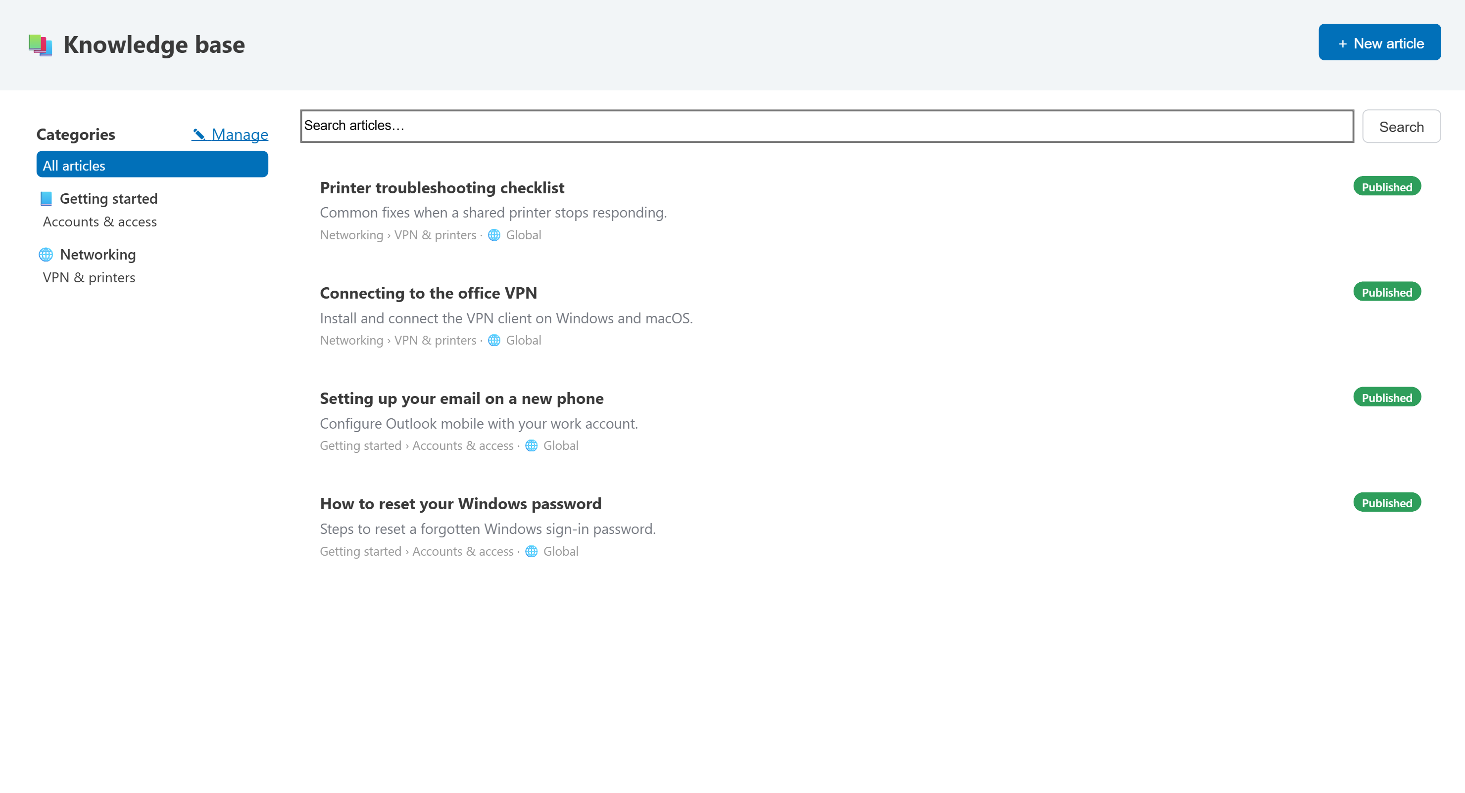Knowledge base categories and articles, with visibility scoped to one client or the whole base