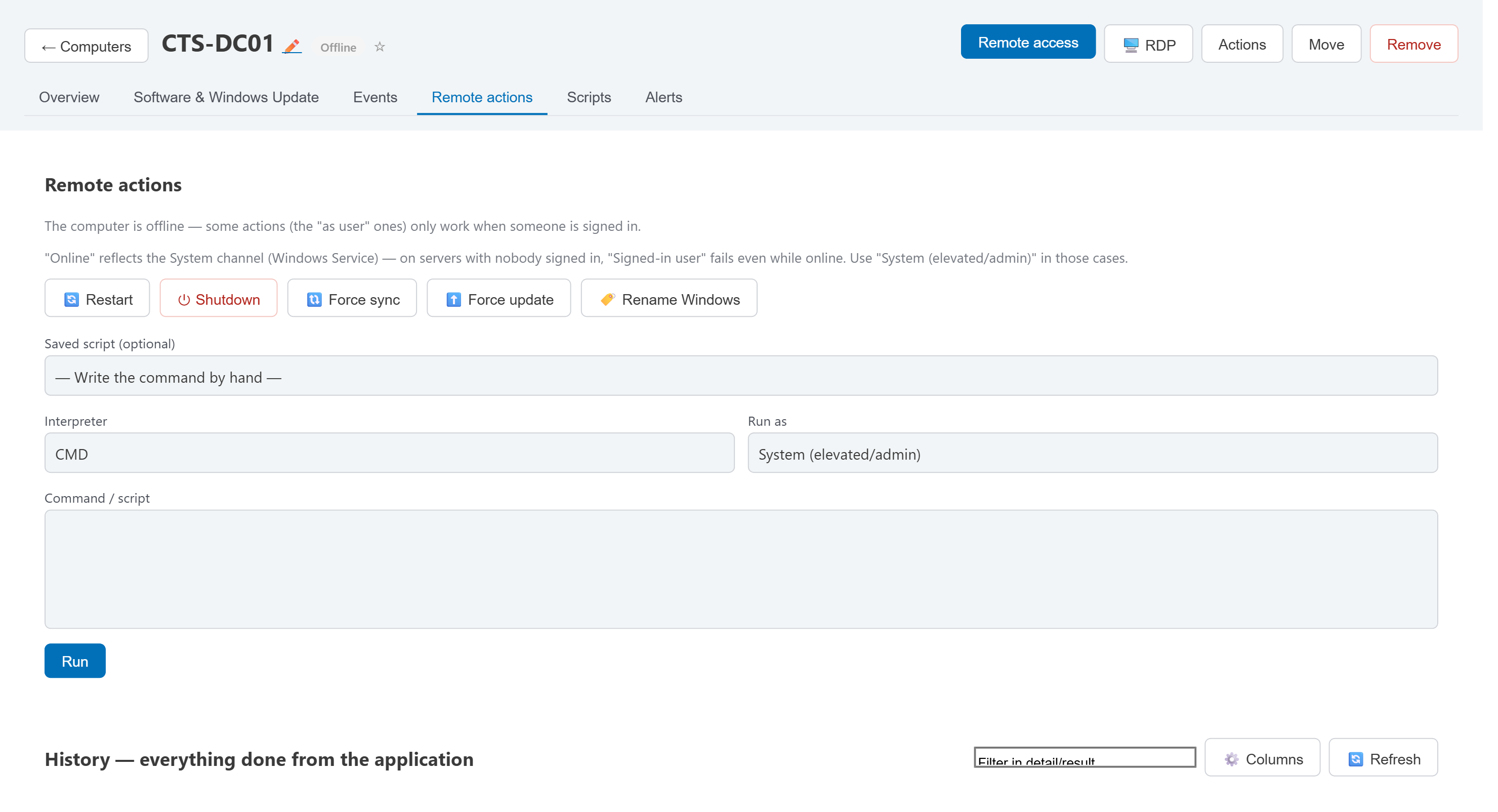 Remote actions panel with restart, shutdown, force sync and a command/script box, plus a queue of past and pending commands