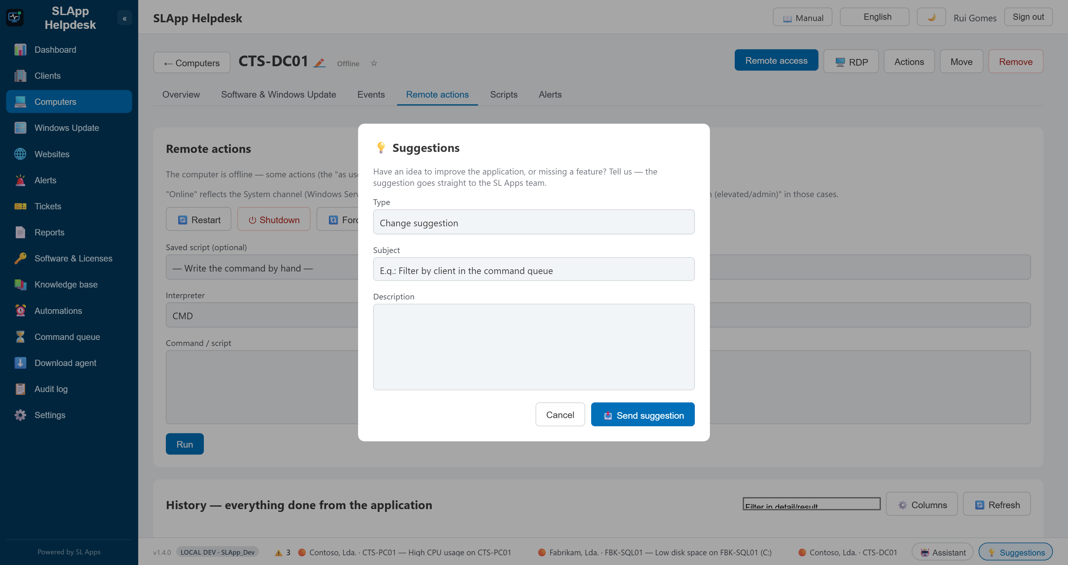 Suggestion form open over the console, with type, subject and message fields